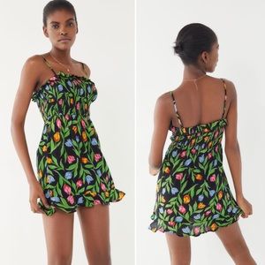 Urban Outfitters Sabrina Gauze Smocked Black Floral Mini Dress